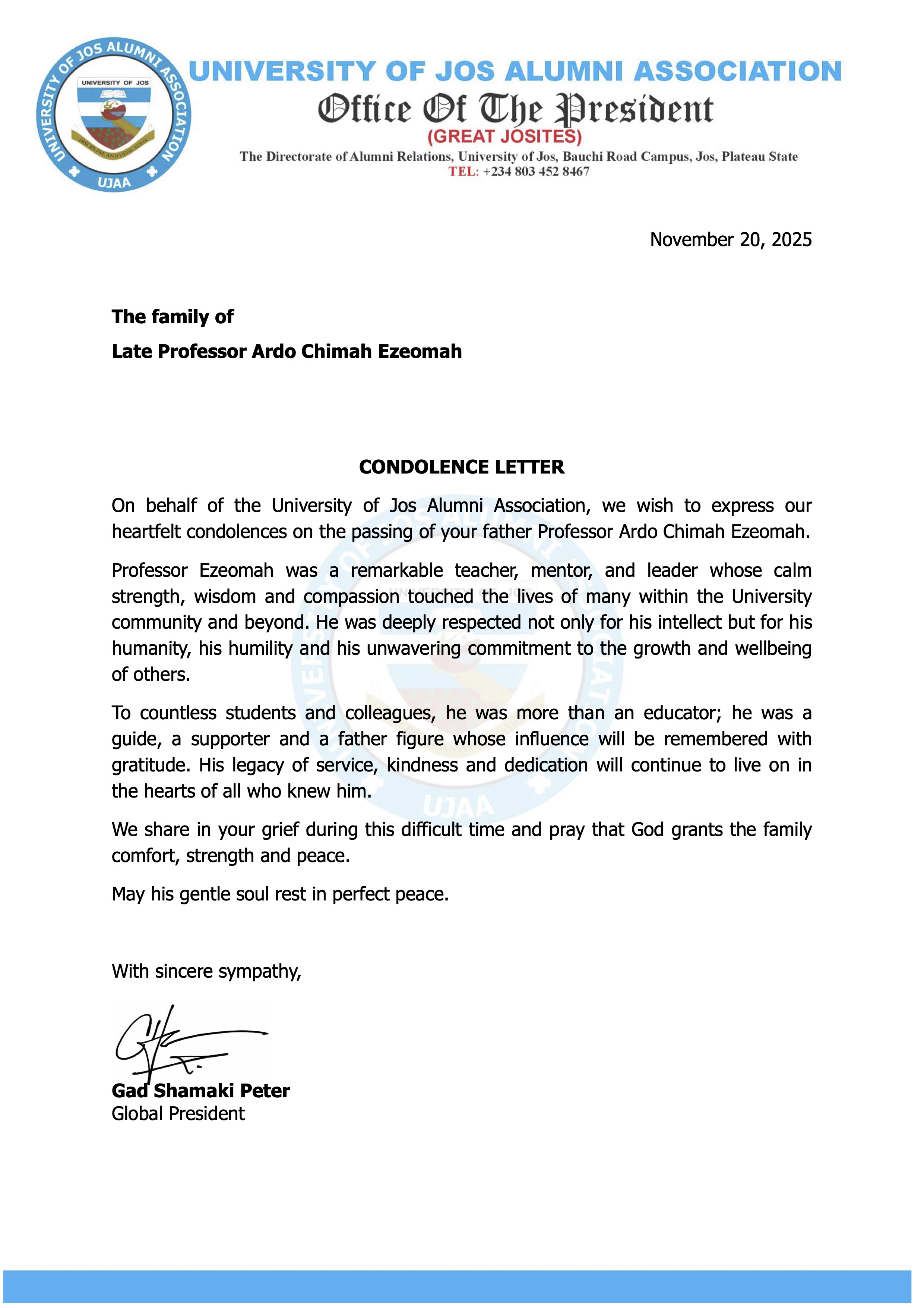 Condolence University of Jos Alumni Association Page 1 of 1