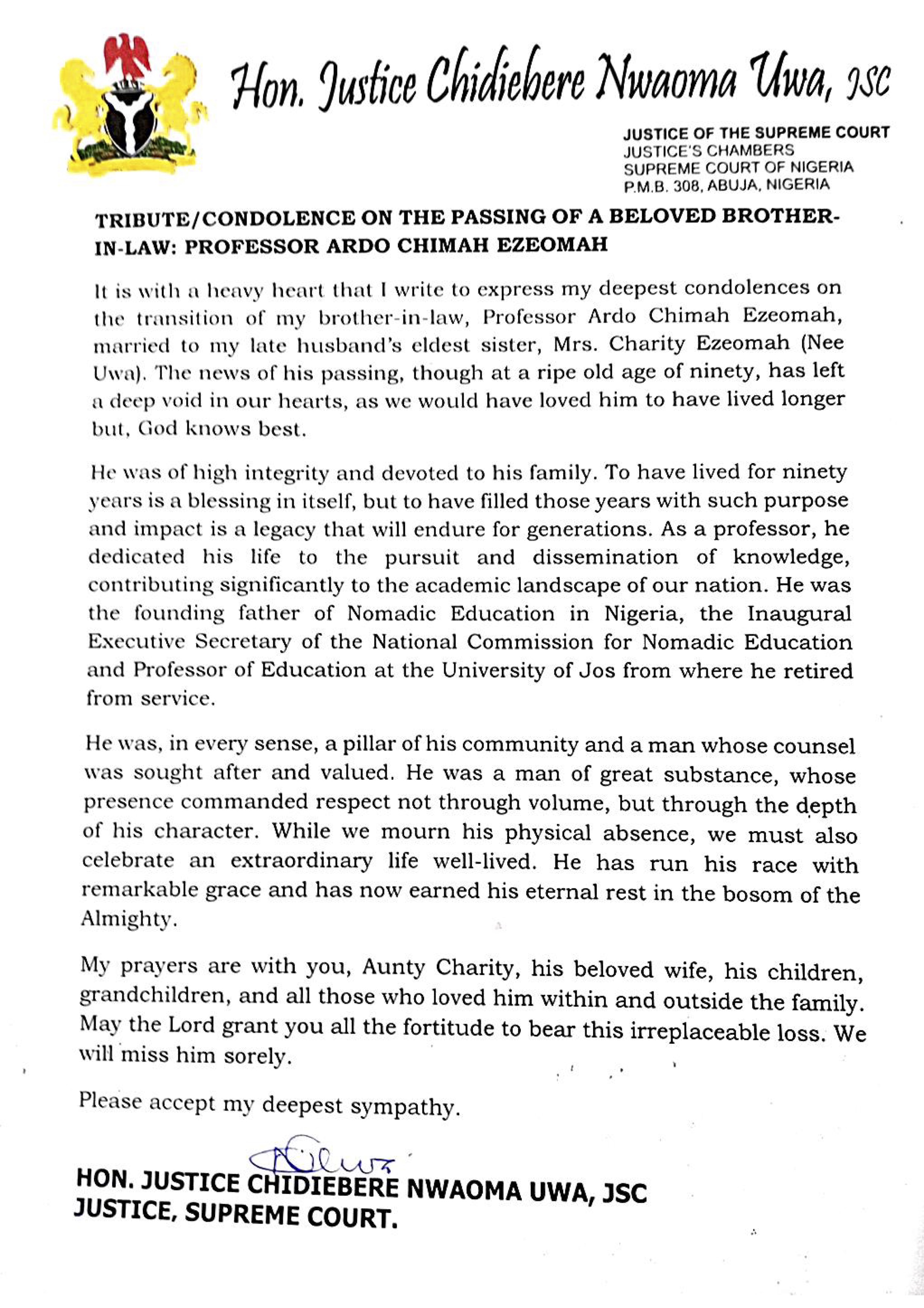 Tribute Hon. Justice Uwa Page 1 of 1
