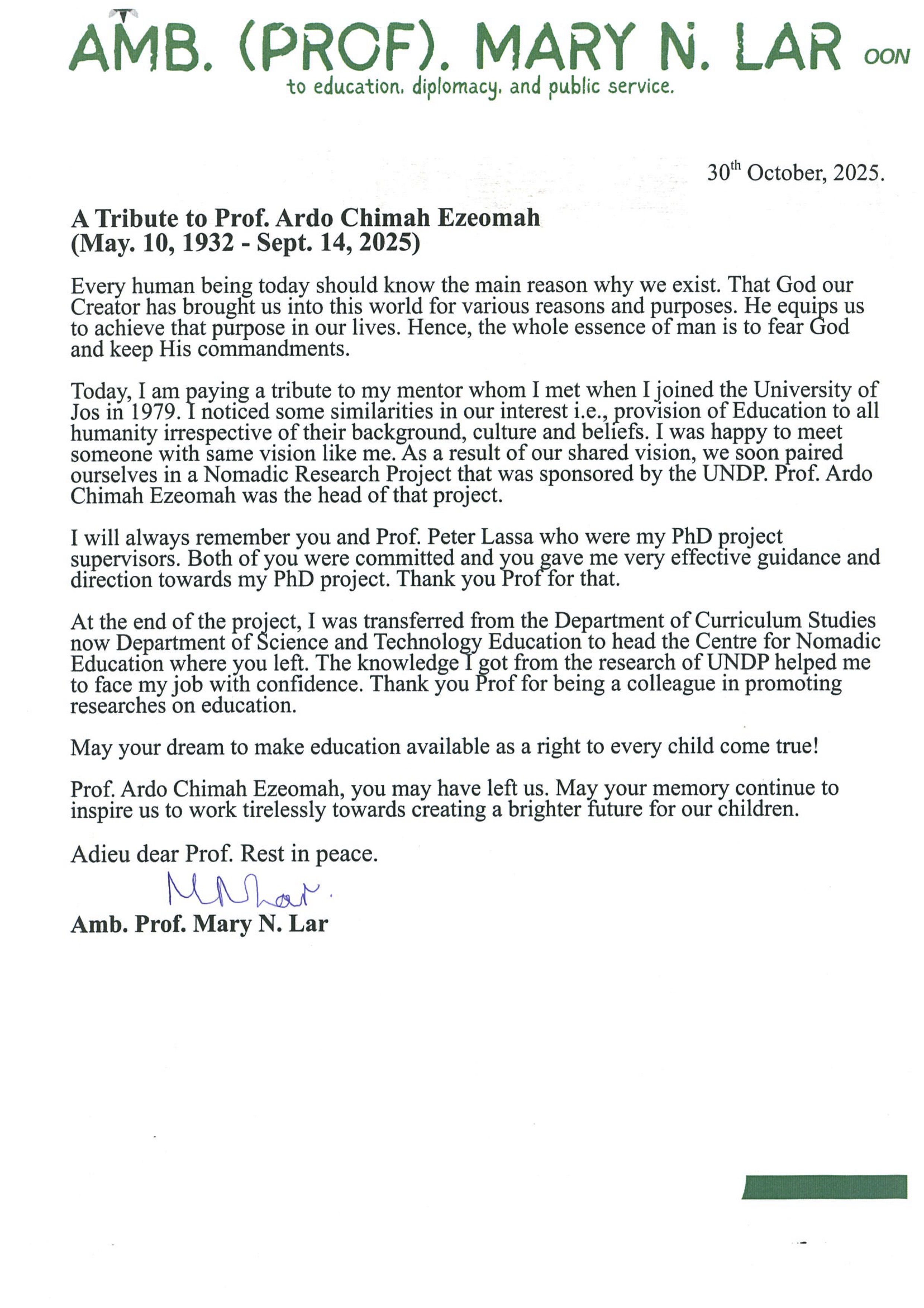 Tribute Prof. Mary Lar Page 1 of 1