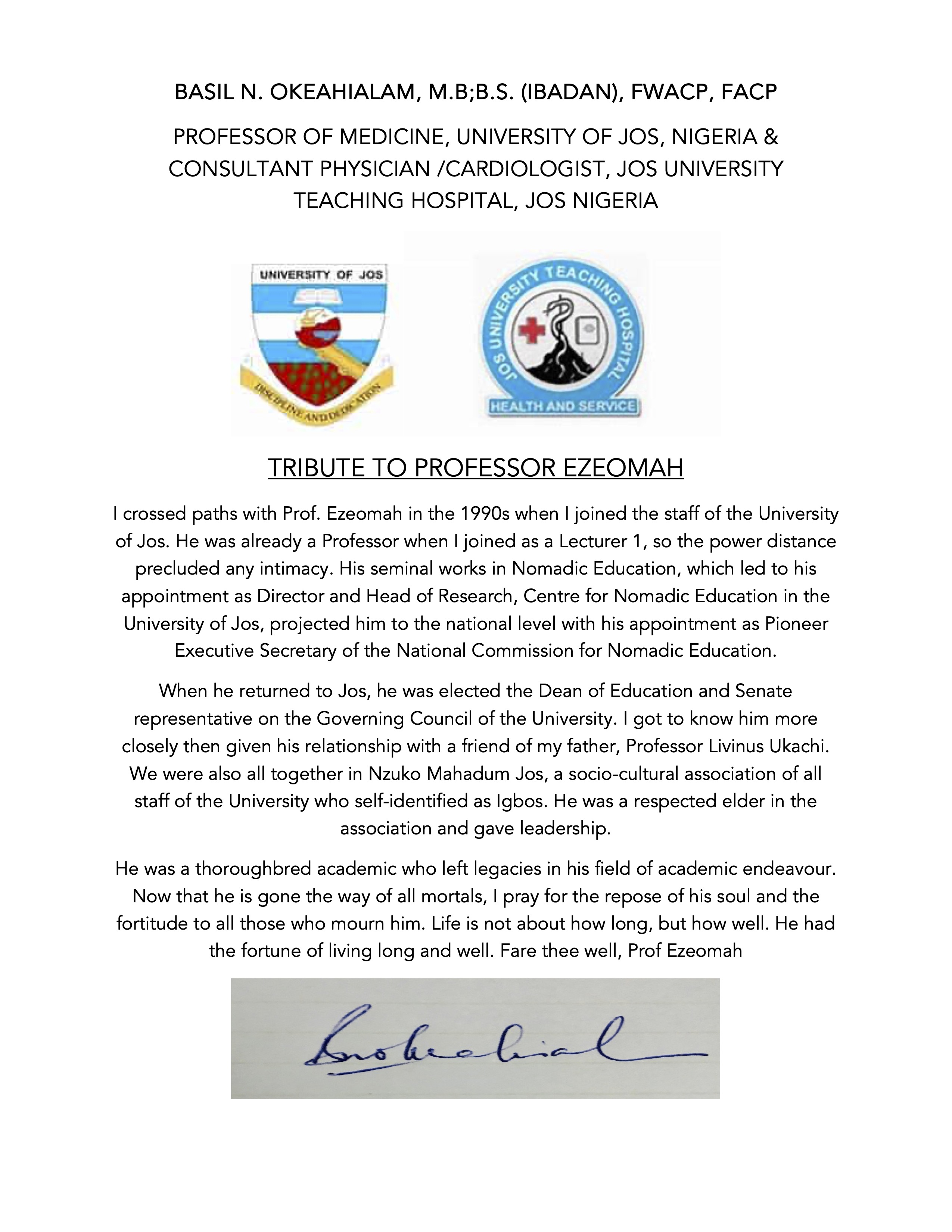 Tribute Prof. Okeahialam Page 1 of 1