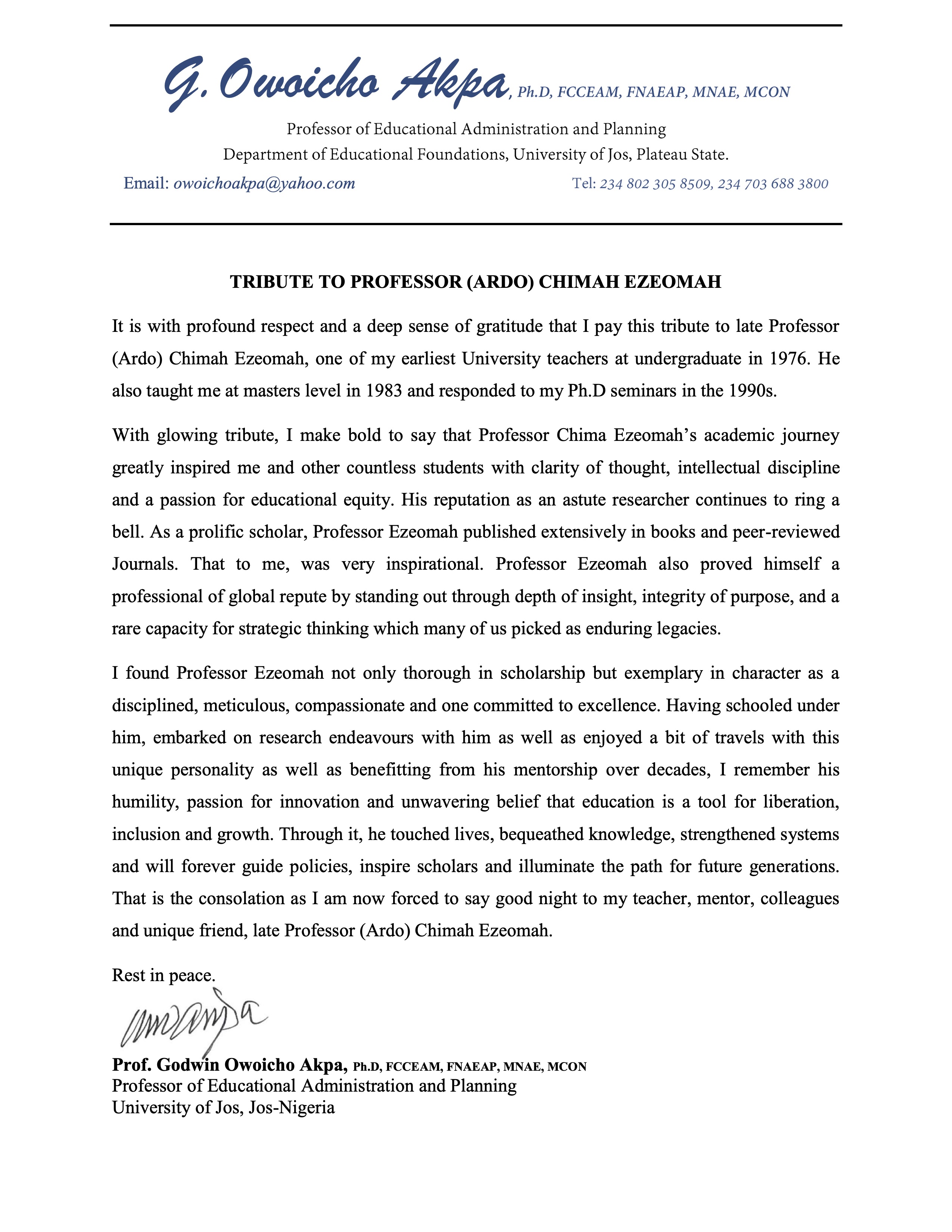 Tribute Prof. Owoicho Akpa Page 1 of 1