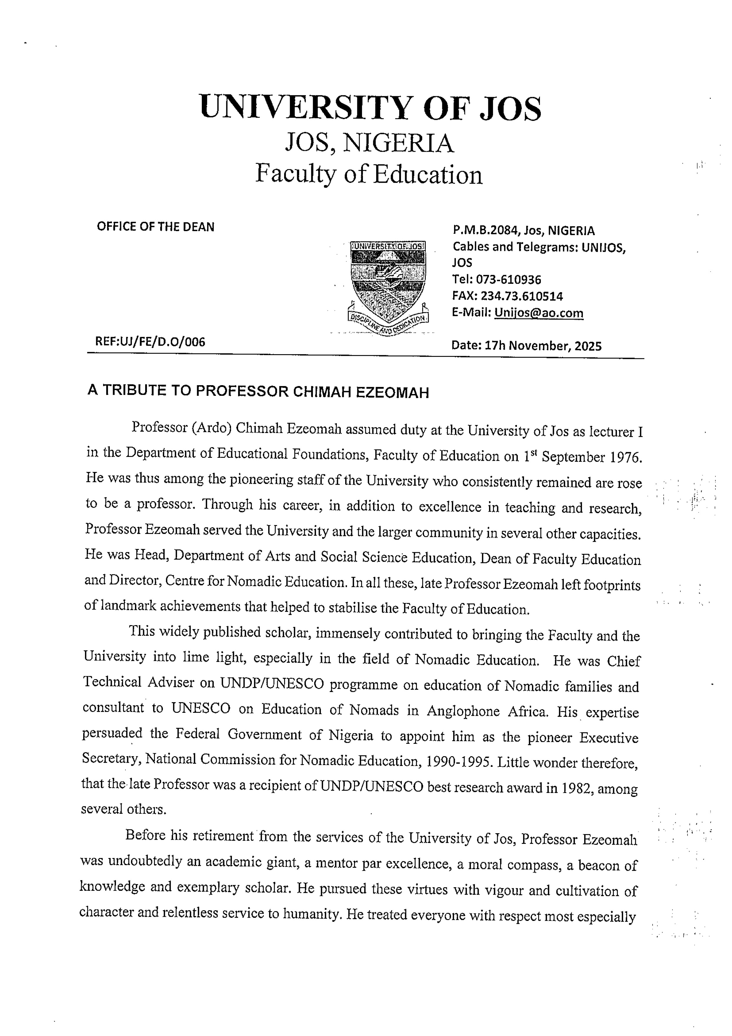 Dean, Faculty of Education, Unijos Tribute Page 1 of 2