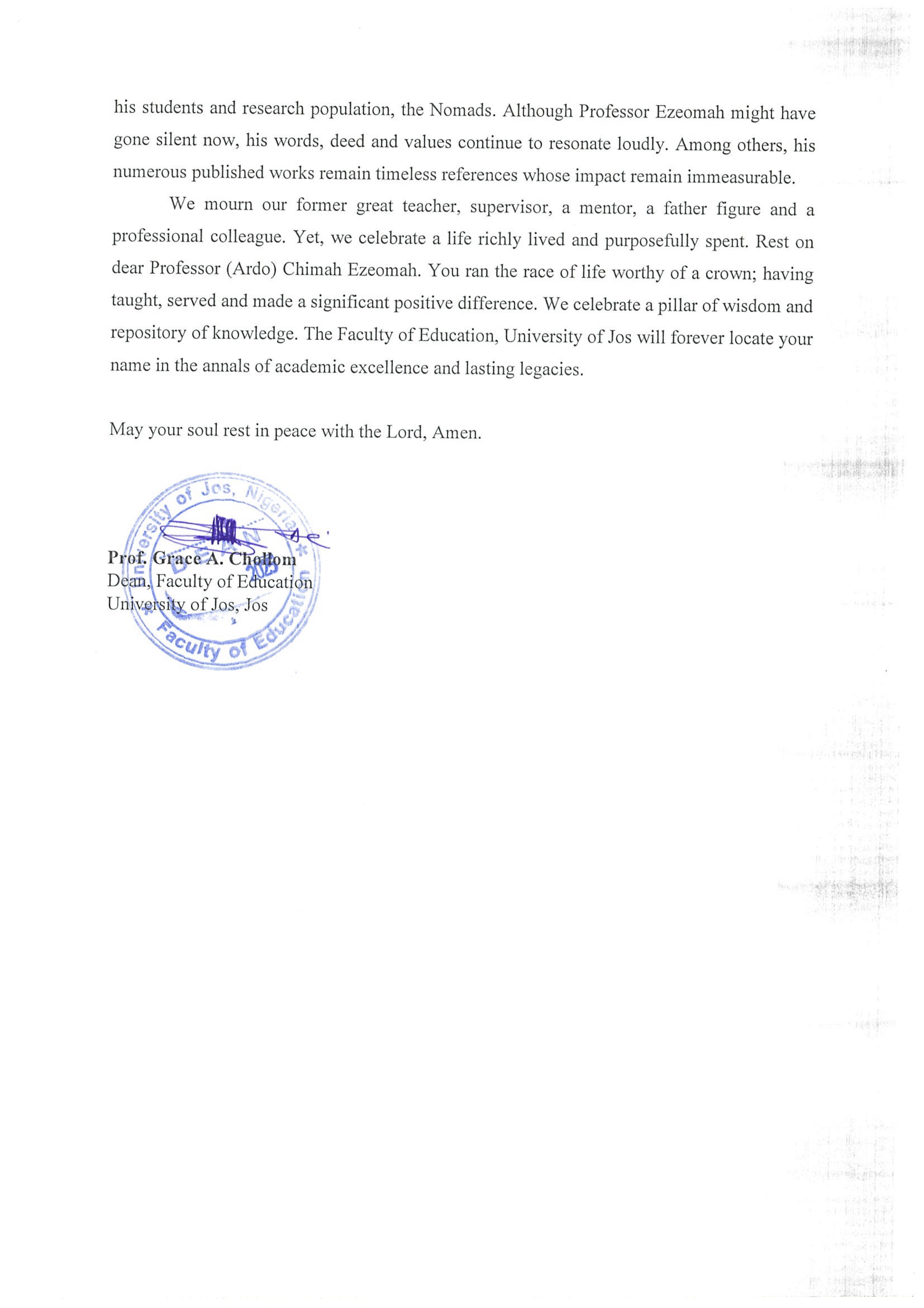 Dean, Faculty of Education, Unijos Tribute Page 2 of 2