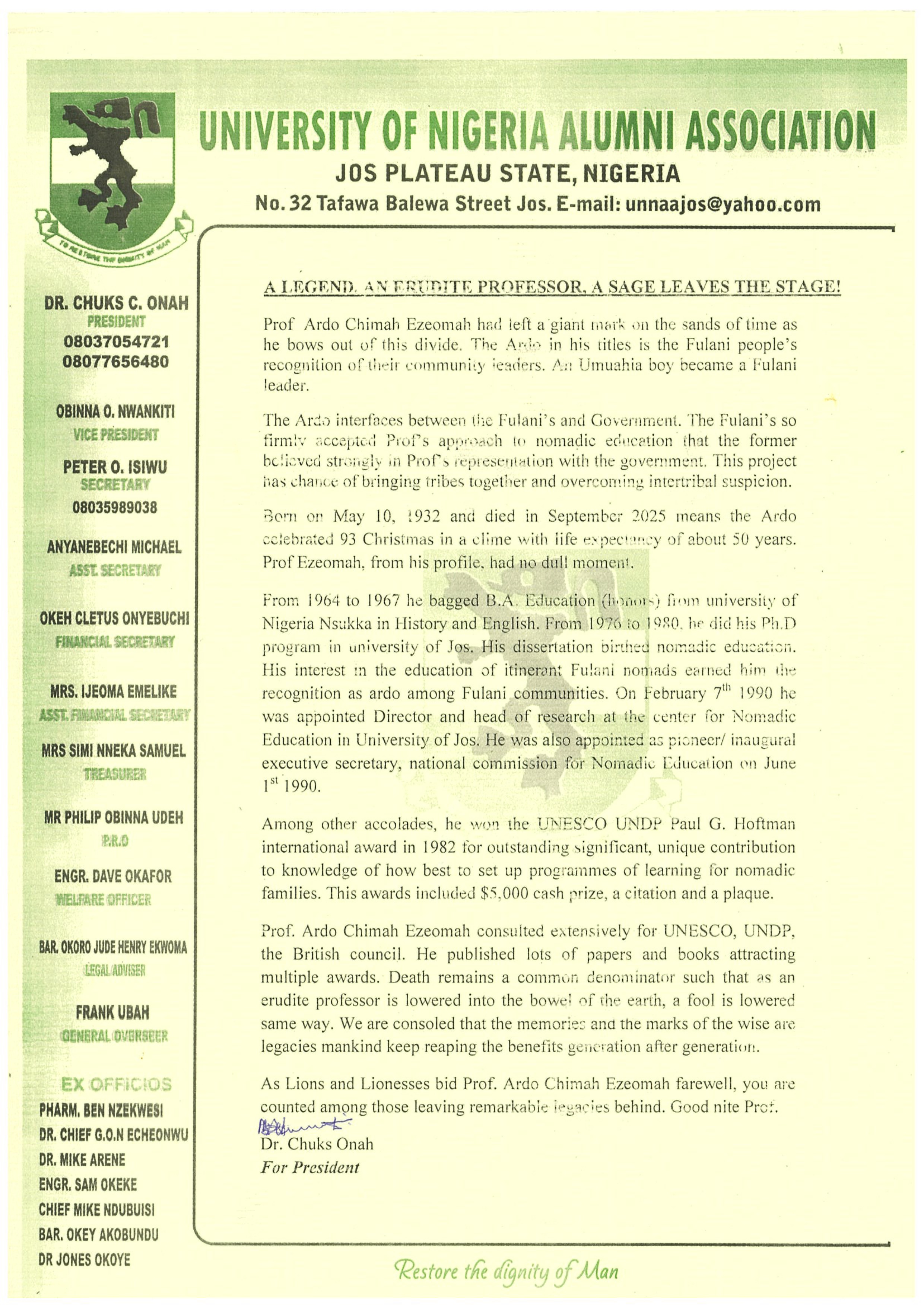 Tribute University of Nigeria, Nsukka Alumni Association Page 1 of 1